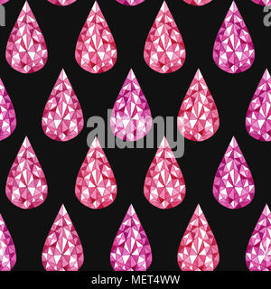 Disegnata a mano ad acquerello gemma rossa a forma di lacrima seamless pattern su sfondo nero Foto Stock