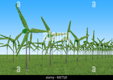 Fonti di energia rinnovabili concetto. Alberi in forma di turbine eoliche sull'erba verde contro il cielo blu, rendering 3D Foto Stock