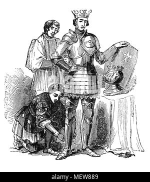 Il re Enrico V (1386 - 1422), il secondo monarca inglese della casa di Lancaster, essendo armati con i suoi scudieri durante i cento anni di guerra. Henry ha intrapreso la guerra con la Francia nel 1415 e i suoi successi militari culminò nella sua famosa vittoria nella battaglia di Agincourt (1415) e lo vide giungere vicino alla conquista di Francia. Approfittando delle divisioni politiche all'interno della Francia, ha conquistato grandi porzioni del regno e la Normandia divenne inglese per la prima volta in 200 anni. Dopo mesi di negoziazione con Carlo VI di Francia, il Trattato di Troyes (1420) riconosciuto Enrico V come reggente ed erede di un Foto Stock