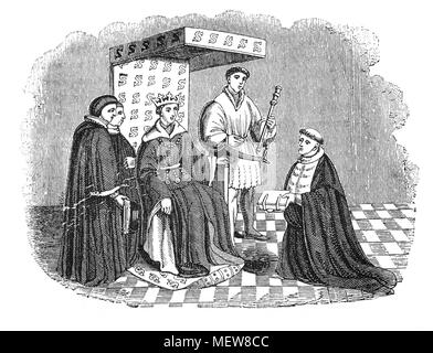 Il re Enrico V (1386 - 1422), visto qui con la sua corte fu il secondo monarca inglese della casa di Lancaster. Henry ha intrapreso la guerra con la Francia nel 1415 e i suoi successi militari culminò nella sua famosa vittoria nella battaglia di Agincourt (1415) e lo vide giungere vicino alla conquista di Francia. Approfittando delle divisioni politiche all'interno della Francia, ha conquistato grandi porzioni del regno e la Normandia divenne inglese per la prima volta in 200 anni. Foto Stock