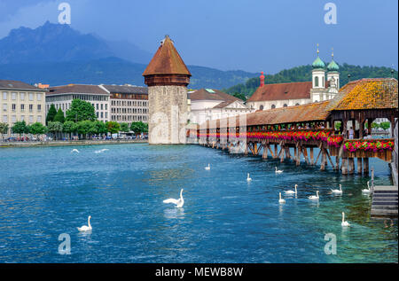 Storico Cappella in legno Ponte sul fiume Reuss, pietra Water Tower e il Monte Pilatus nella città vecchia di Lucerna, Svizzera Foto Stock