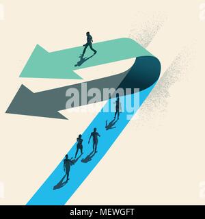 Un cambiamento di direzione. Un imprenditore scegliendo camminare in direzione opposta alle altre persone sulla parte superiore di una freccia. Business vettore concettuale illustra Illustrazione Vettoriale