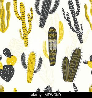 La senape e color carbone di cactus e piante grasse in forme differenti, seamless pattern. Illustrazione Vettoriale Illustrazione Vettoriale