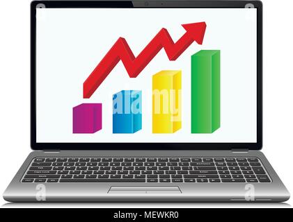 Concetto di profitto, freccia rossa mostra la crescita aziendale grafico su schermo di computer portatile. Illustrazione Vettoriale. Illustrazione Vettoriale
