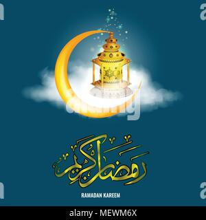 Vettore Il Ramadan realistico Fanus lanterna con star sparkle e realistica di nuvole e il Ramadan Kareem calligraphy. Illustrazione Vettoriale