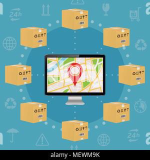 Spese di spedizione tracking dei pacchi per il design. Il display del computer con GPS mappa sullo schermo e la spedizione di scatole di cartone. Illustrazione Vettoriale