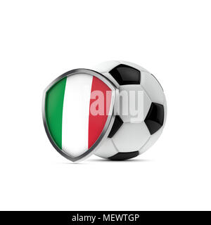 Italia bandiera nazionale protezione con un pallone da calcio. Il rendering 3D Foto Stock