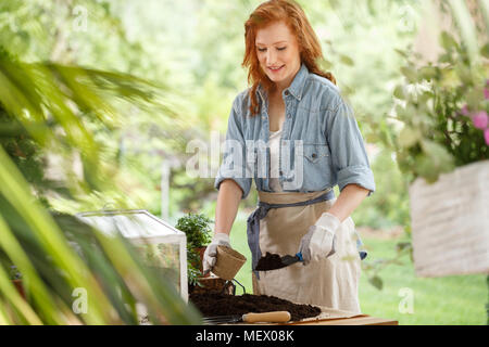 Felice casalinga exaggaterating fiori con suolo sulla terrazza Foto Stock