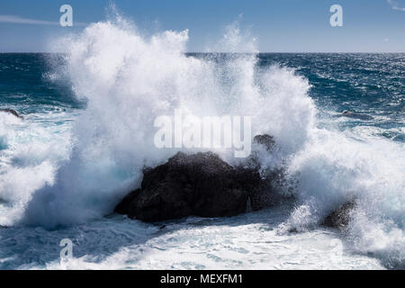 Mare mosso la rottura su rocce lungo la costa occidentale di Tenerife a Playa San Juan, Isole Canarie, Spagna Foto Stock