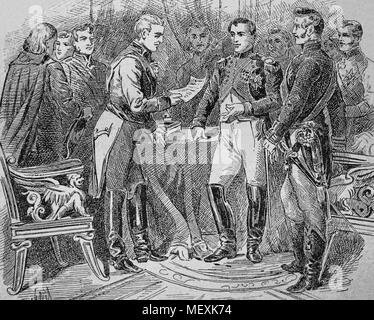 Congresso di Erfurt. Riunione tra l'imperatore Napoleone di Francia e l'imperatore di Russia Alessandro I. 27 Sep-14 Ottobre 1808. Incisione. Foto Stock