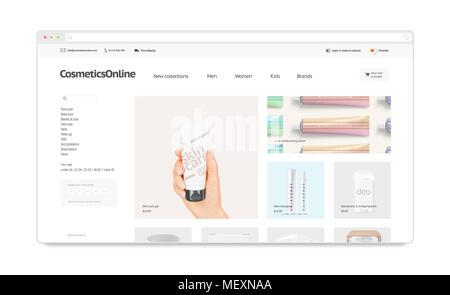 Cosmetici Sito Webstore modello mock up isolato, 3d'illustrazione. Trucco pagina web interface mockup. La cosmetologia internet website template. Archivio Web Foto Stock