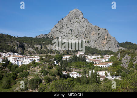 Vista su bianco andaluso villaggio tra le montagne, Grazalema, Sierra de Grazalema parco naturale, Andalusia, Spagna, Europa Foto Stock