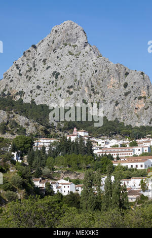 Vista su bianco andaluso villaggio tra le montagne, Grazalema, Sierra de Grazalema parco naturale, Andalusia, Spagna, Europa Foto Stock