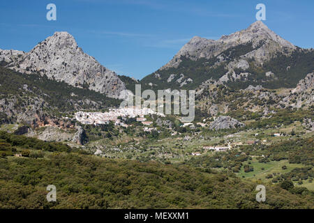 Vista su bianco andaluso villaggio tra le montagne, Grazalema, Sierra de Grazalema parco naturale, Andalusia, Spagna, Europa Foto Stock
