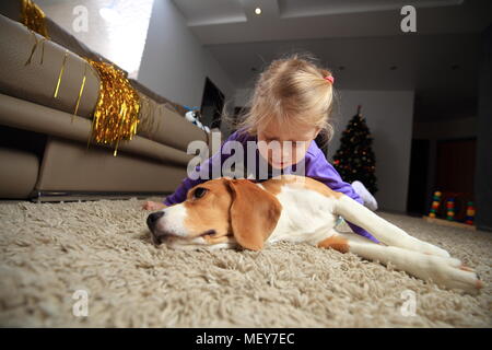 Ragazza che gioca con il migliore amico cane beagle chiuso sul tappeto morbido Foto Stock