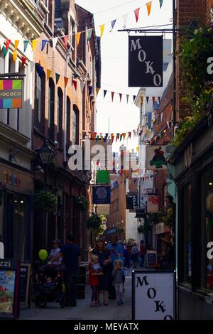 Gandy Street con Bunting in Exeter Devon, Regno Unito. Stretta corsia di ciottoli di negozi indipendenti. Presumibilmente la fonte di ispirazione per J.K. Rowling e Diagon Alley. Foto Stock