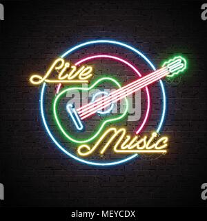 Musica dal vivo insegna al neon con la chitarra e lettera su un muro di mattoni dello sfondo. Modello di progetto per la decorazione, coprire il flyer o promozionali poster di partito. Illustrazione Vettoriale