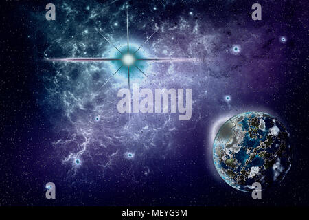 L'universo: il cielo stellato, una stella luminosa, nebulosa e un pianeta circondato da un atmosfera incandescente. Foto Stock