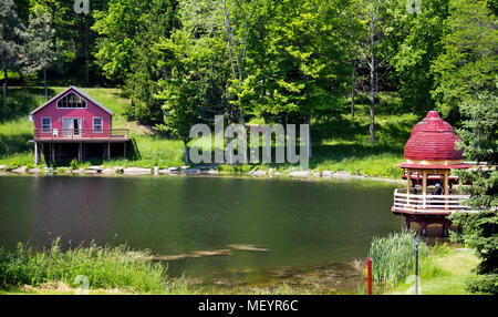 Nuovo Vrindaban Kusum Sarovara Lago e cigno case battello, , New Vrindaban, West Virginia, USA Foto Stock