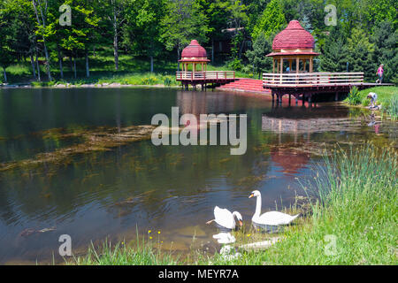 Nuovo Vrindaban Kusum Sarovara Lago e cigno case battello, , New Vrindaban, West Virginia, USA Foto Stock