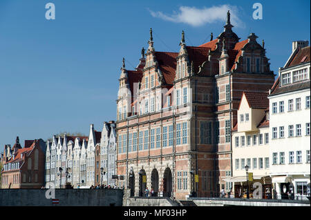 Watergates gotico di Zielona Brama (cancello verde) su Dlugie Pobrzeze (fiume Motlawa Embankment) nella città principale nel centro storico di Danzica, Polonia. Aprile 19 Foto Stock