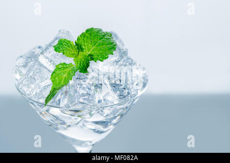 Chiuso di foglia di menta sul cubo di ghiaccio in vetro su bianco e lo sfondo grigio Foto Stock