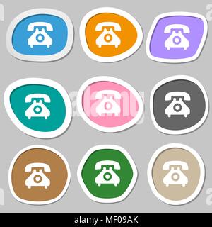 Retrò cornetta telefonica icona simboli. Carta multicolore di adesivi. Illustrazione Vettoriale Illustrazione Vettoriale