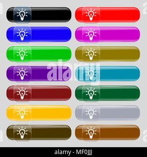 Icona della lampadina segno. Set da quattordici multi-colore pulsanti di vetro con posto per il testo. Illustrazione Vettoriale Illustrazione Vettoriale