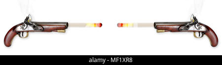 Due antichi flintlock pistols musketballs sparo. Foto Stock