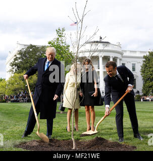 Stati Uniti Presidente Donald Trump con la Francia il presidente Emmanuel Macron e First Ladies Melania Trump e Brigitte Macron Pianta un albero, un dono da parte del presidente e la Sig.ra Macron, sul prato Sud della Casa Bianca di Washington, DC, Stati Uniti, lunedì 23 aprile, 2018. Come Macron arriva per la prima visita di stato di presidenza Trumpís, il leader degli Stati Uniti sta minacciando di upend del sistema commerciale mondiale con le tariffe sulla Cina, forse anche in Europa. Fotografo: Yuri Gripas/Bloomberg Credit: Yuri Gripas/Piscina via CNP /MediaPunch Foto Stock