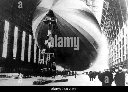 La Zeppelin LZ 129 'Hindenburg' in un dirigibile hangar a Francoforte Rhein-Main aeroporto in 1937. La parte posteriore della fusoliera parte del dirigibile LZ 129 'Hindenburg' era il 6 maggio 1937 quando lo sbarco sul dirigibile porto di Lakehurst vicino a New York sconvolta da un'esplosione. Un totale di 36 passeggeri e membri di equipaggio sono stati uccisi nel disastro. Il 100-Ton Zeppelin del mondo la più grande nel suo giorno, bruciata completamente. La fine di Zeppelin Macaw ha iniziato a. | Utilizzo di tutto il mondo Foto Stock