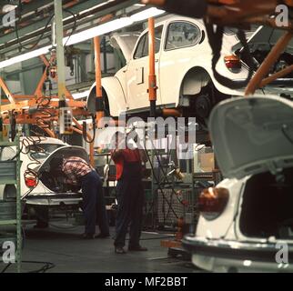 Lavoratore il montaggio sul motore e il pannello sottoscocca del VW Kafern in stabilimento VW di Emden. È l'ultima produzione di tedesco Kafern VW. Al momento di scattare le foto, solo 44 vetture hanno quotidianamente su tutta la linea. I lavoratori non sono più state pienamente utilizzate e inoltre la produzione è stata trasferita all'impianto di VW in Messico. Registrati 1978. | Utilizzo di tutto il mondo Foto Stock