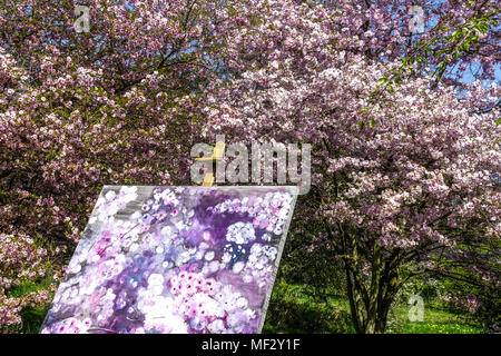 Immagine su tela di ciliegio rosa fiorito in giardino, prunus frutteto, pittura primaverile sakura fioritura albero primavera Foto Stock