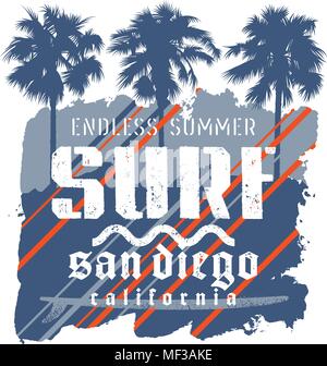 Illustrazione di surf. Navigare in California t-shirt graphic design. Vintage Tee grafica. Illustrazione Vettoriale sul tema del surf in California Illustrazione Vettoriale