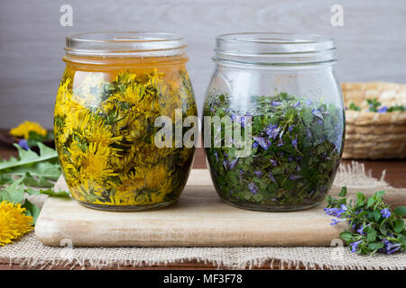 Due vasi di vetro riempito con terra fiorente-ivy, di tarassaco e miele per preparare in casa lo sciroppo a base di erbe Foto Stock