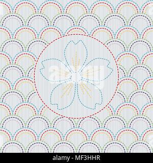 Modello di kimono. Sashiko texture con fioritura sakura fiore. Abstract seamless texture. Classic quilling giapponese. Ricamo motif o texture. Per ha Illustrazione Vettoriale