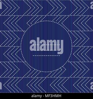 Sashiko texture con copia spazio. Modello di kimono. Cornice di testo. Abstract seamless texture. Colore indaco. Classic quilling giapponese. Ricamo texture. F Illustrazione Vettoriale