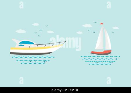 Raccolta di veicoli nautici: barca vela, nave, nave, yacht di lusso, speedboat. Vettore icone set isolato su sfondo blu. Illustrazione Vettoriale