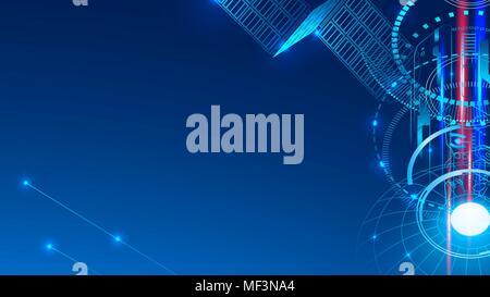 Un satellite di comunicazione nello spazio trasmette un segnale. Astratta geometrica tecnologico sfondo. Illustrazione Vettoriale