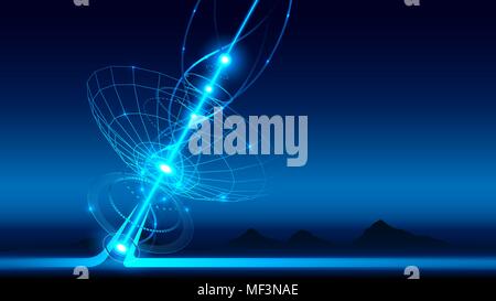 Una grande parabola satellitare trasmette e riceve un segnale da uno spazio. Attrezzature per la tv satellitare e la radiodiffusione. Segnale radio si propaga onde in Illustrazione Vettoriale