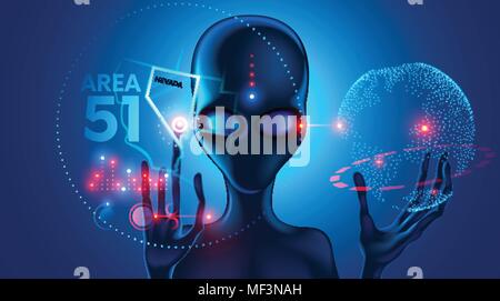 Alien extraterrestre mostra sulla mappa virtuale di UFO crash site a area 51 in Nevada. La testa di un alieno con grandi occhi. Mani con dente lungo Illustrazione Vettoriale