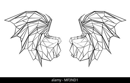 Disegnate artistica, contorno nero, poligonale drago ali su sfondo bianco. Illustrazione Vettoriale