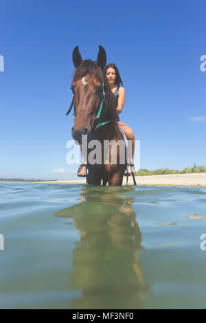 Indonesia, Bali, Donna seduta sul cavallo, in acqua Foto Stock