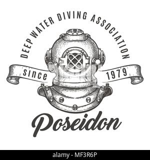 Scuba diving club etichetta. Immersioni subacquee casco e nastro. Illustrazione Vettoriale. Illustrazione Vettoriale