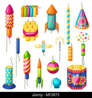 Set di coloratissimi fuochi d'artificio. Diversi tipi di fuochi d'artificio, saluta e petardi Illustrazione Vettoriale