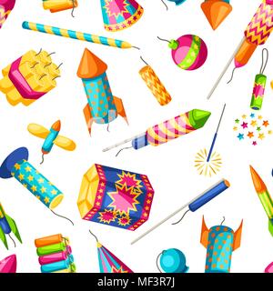 Modello senza cuciture con colorati fuochi d'artificio. Diversi tipi di fuochi d'artificio, saluta e petardi Illustrazione Vettoriale