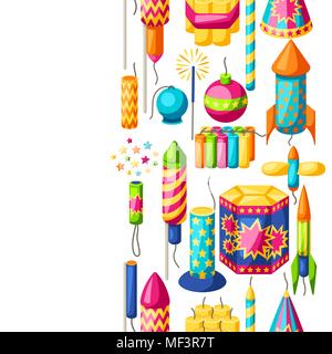 Modello senza cuciture con colorati fuochi d'artificio. Diversi tipi di fuochi d'artificio, saluta e petardi Illustrazione Vettoriale