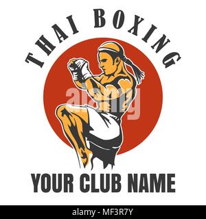 Thai Boxing Club emblema. Muay Thai Fighter in calci pongono. Illustrazione Vettoriale. Illustrazione Vettoriale