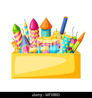 Sfondo colorato con fuochi d'artificio. Diversi tipi di fuochi d'artificio, saluta e petardi Illustrazione Vettoriale