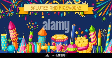 Banner con colorati fuochi d'artificio. Diversi tipi di fuochi d'artificio, saluta e petardi Illustrazione Vettoriale